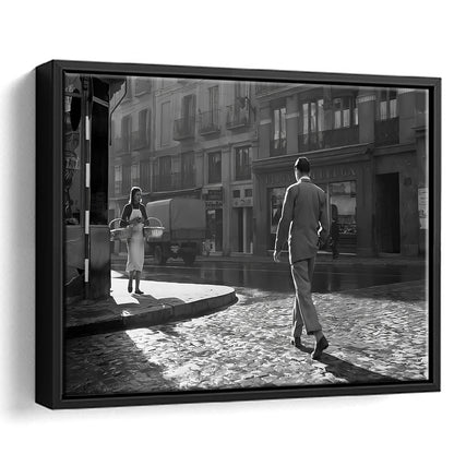 Main Street of Calle Mayor Madrid Framed Canvas Print Wall Art, Spain 1950s, Black and White Print, Retro Wall Decor