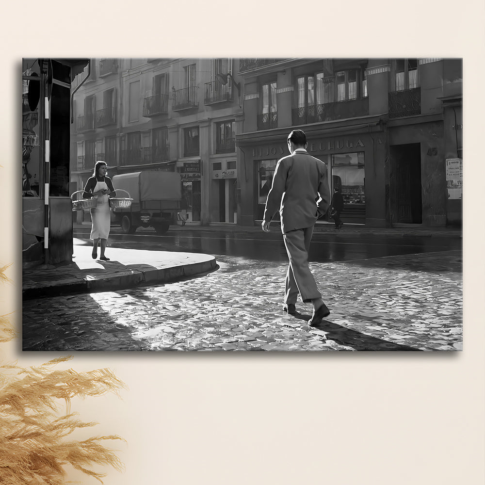 Main Street of Calle Mayor Madrid Canvas Print Wall Art, Spain 1950s, Black and White Print, Retro Wall Decor