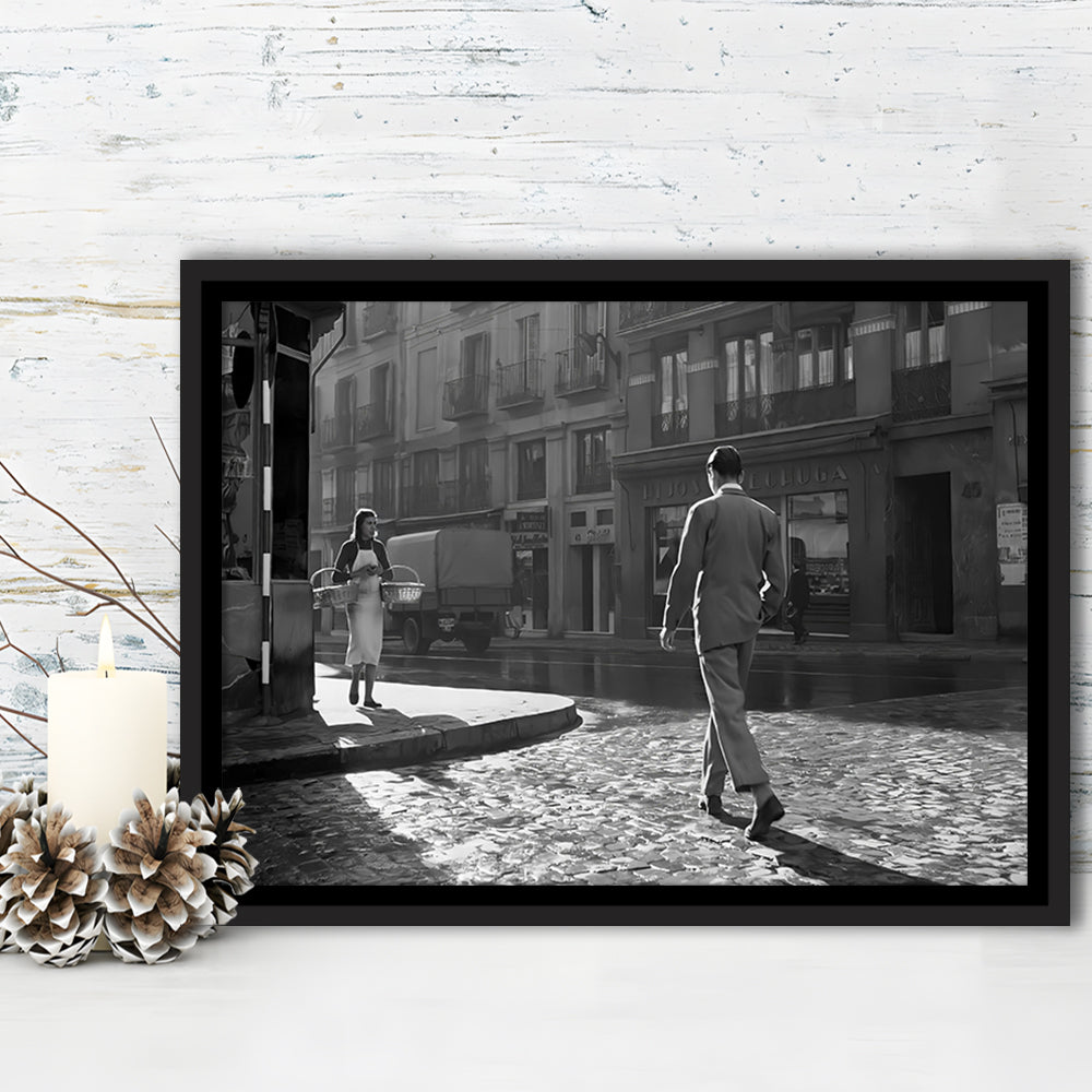 Main Street of Calle Mayor Madrid Framed Canvas Print Wall Art, Spain 1950s, Black and White Print, Retro Wall Decor