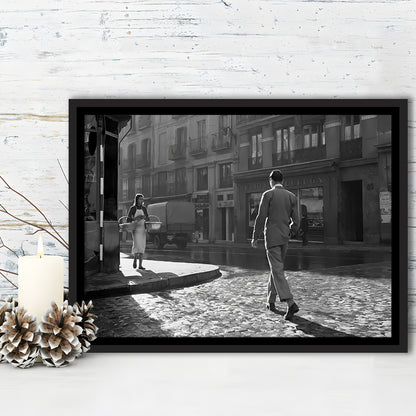 Main Street of Calle Mayor Madrid Framed Canvas Print Wall Art, Spain 1950s, Black and White Print, Retro Wall Decor