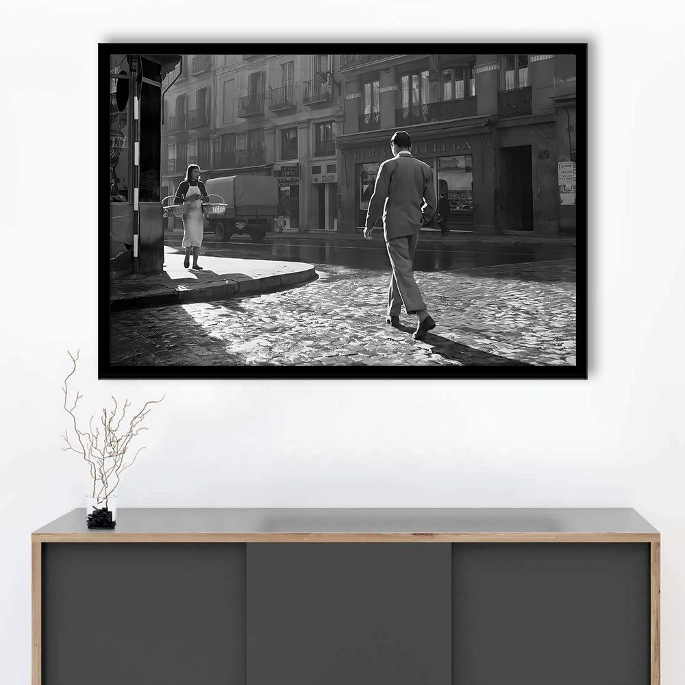 Main Street of Calle Mayor Madrid Framed Art Print Wall Decor, Spain 1950s, Black and White Print, Retro Wall Decor