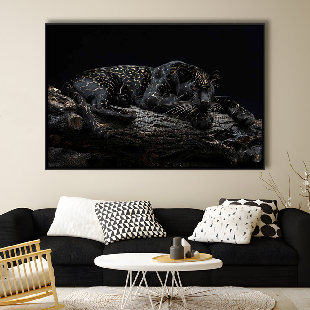 Majestic Black Panther With Gold Pattern Canvas Print, Framed Cavas Print, Floating Frame