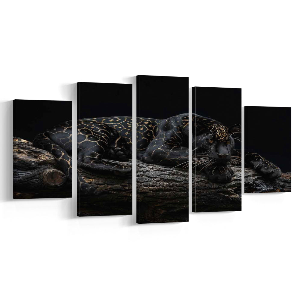 Majestic Black Panther with Gold Pattern Canvas Print, 5 Piece Large Cavas Print Wall Art
