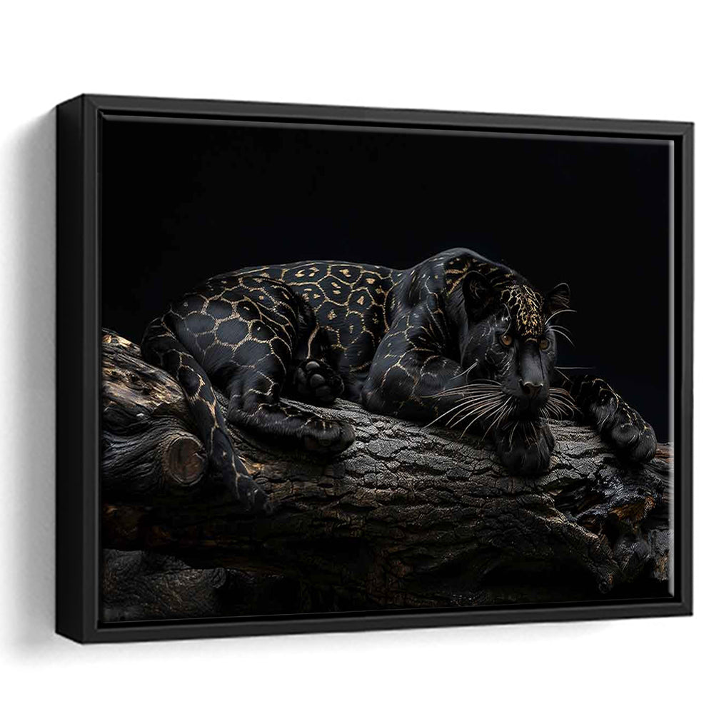 Majestic Black Panther With Gold Pattern Canvas Print, Framed Cavas Print, Floating Frame
