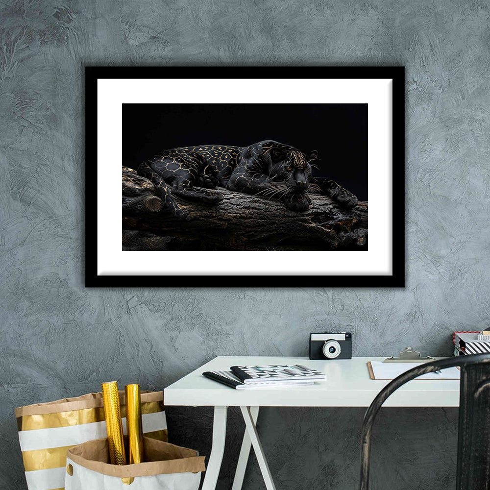 Majestic Black Panther With Gold Pattern Art Print, Framed Art Print White Border