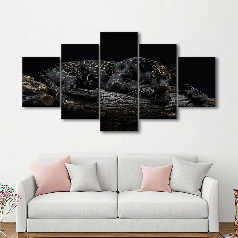 Majestic Black Panther with Gold Pattern Canvas Print, 5 Piece Large Cavas Print Wall Art