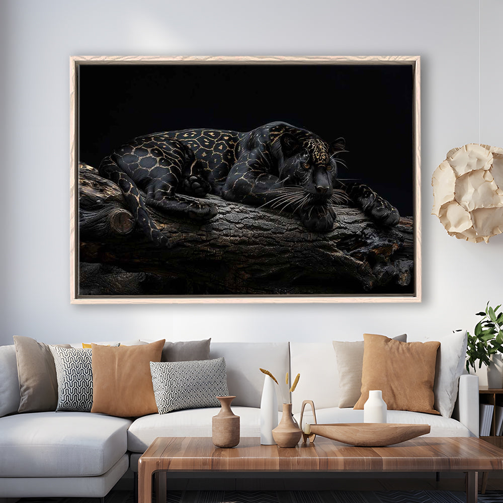 Majestic Black Panther With Gold Pattern Canvas Print, Framed Cavas Print, Floating Frame