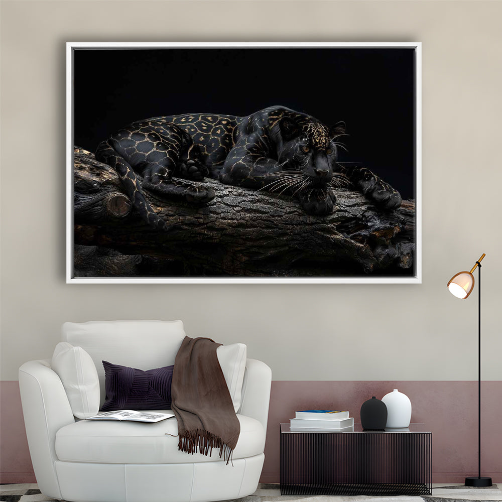 Majestic Black Panther With Gold Pattern Canvas Print, Framed Cavas Print, Floating Frame