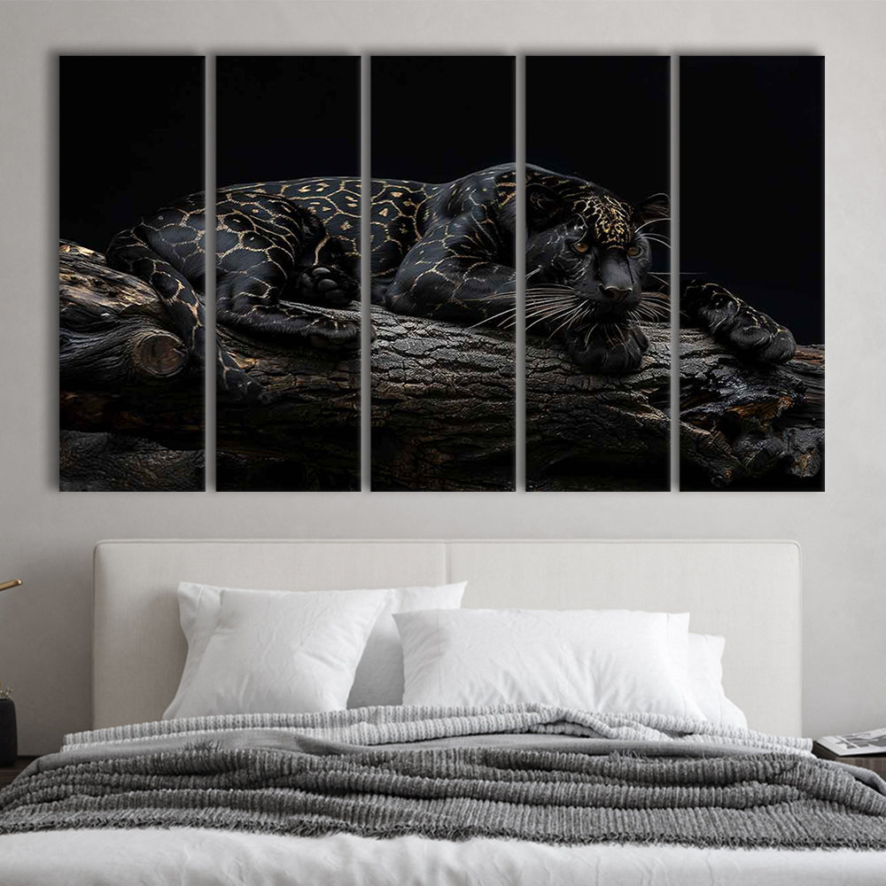 Majestic Black Panther with Gold Pattern Canvas Print, 5 Piece B Extra Large Cavas Print Wall Art Decor