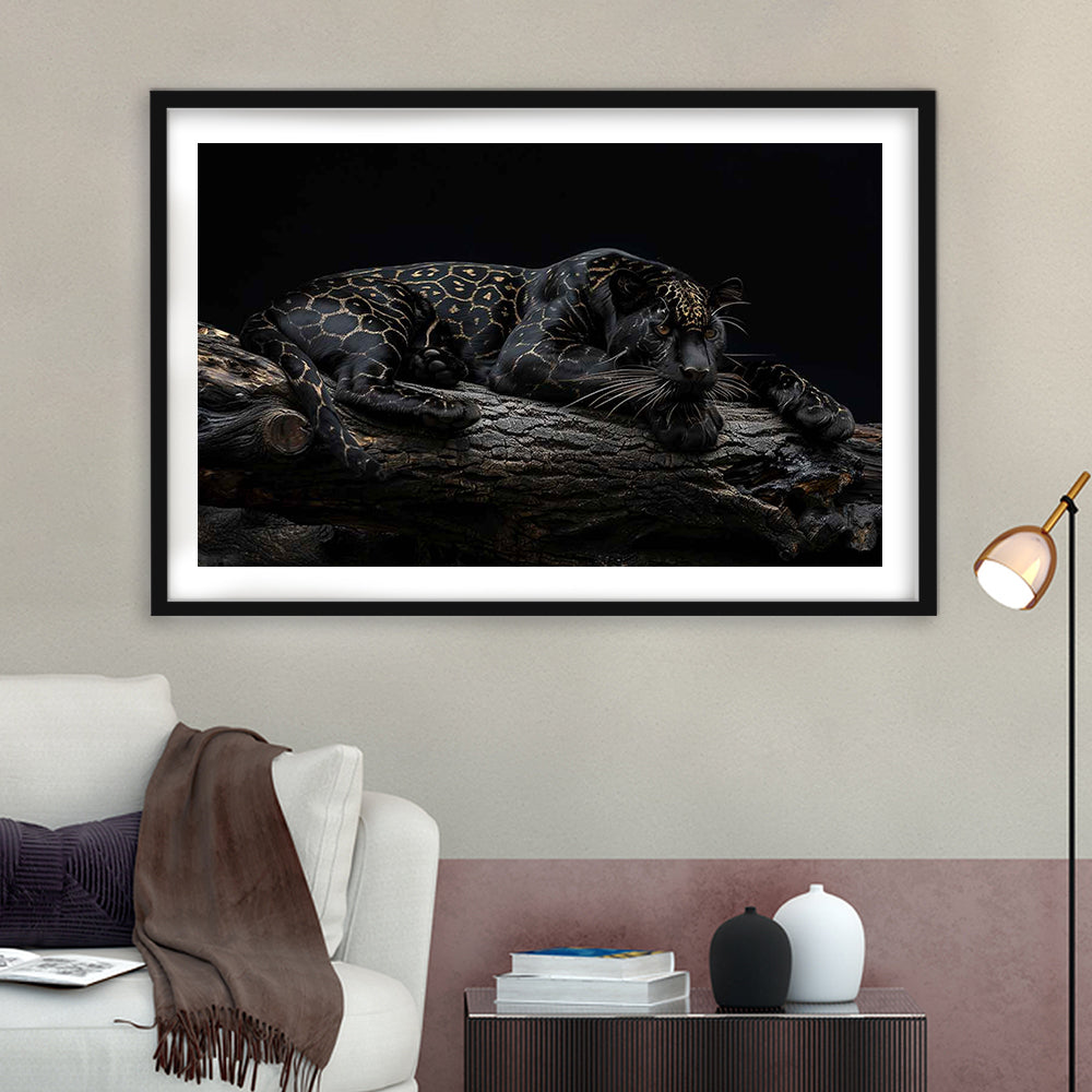 Majestic Black Panther With Gold Pattern Art Print, Framed Art Print White Border