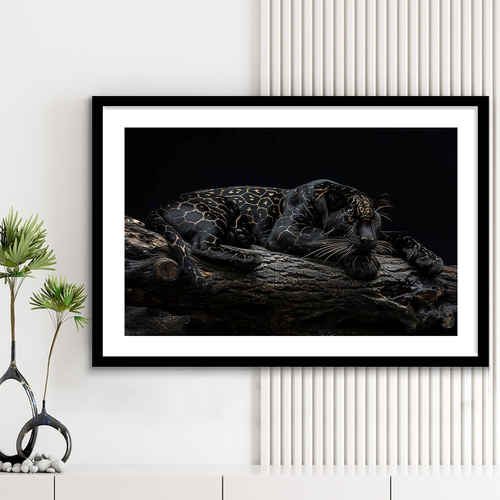 Majestic Black Panther With Gold Pattern Art Print, Framed Art Print White Border