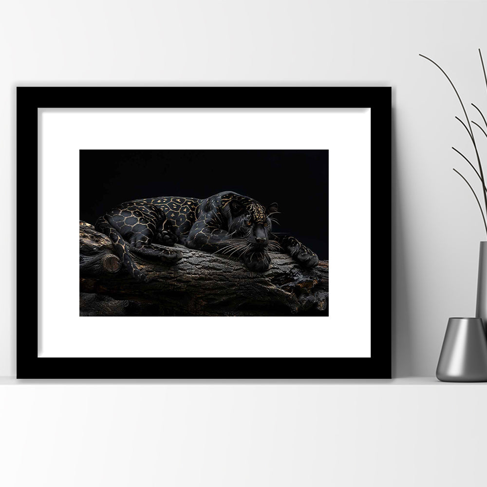 Majestic Black Panther With Gold Pattern Art Print, Framed Art Print White Border