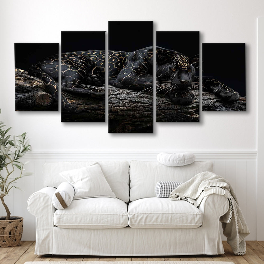 Majestic Black Panther with Gold Pattern Canvas Print, 5 Piece Large Cavas Print Wall Art