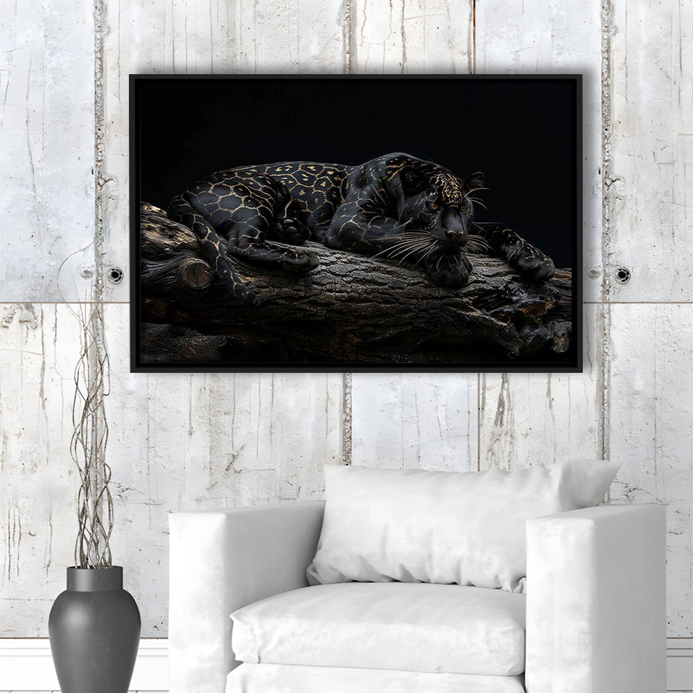 Majestic Black Panther With Gold Pattern Canvas Print, Framed Cavas Print, Floating Frame