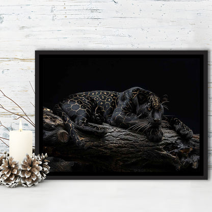 Majestic Black Panther With Gold Pattern Canvas Print, Framed Cavas Print, Floating Frame