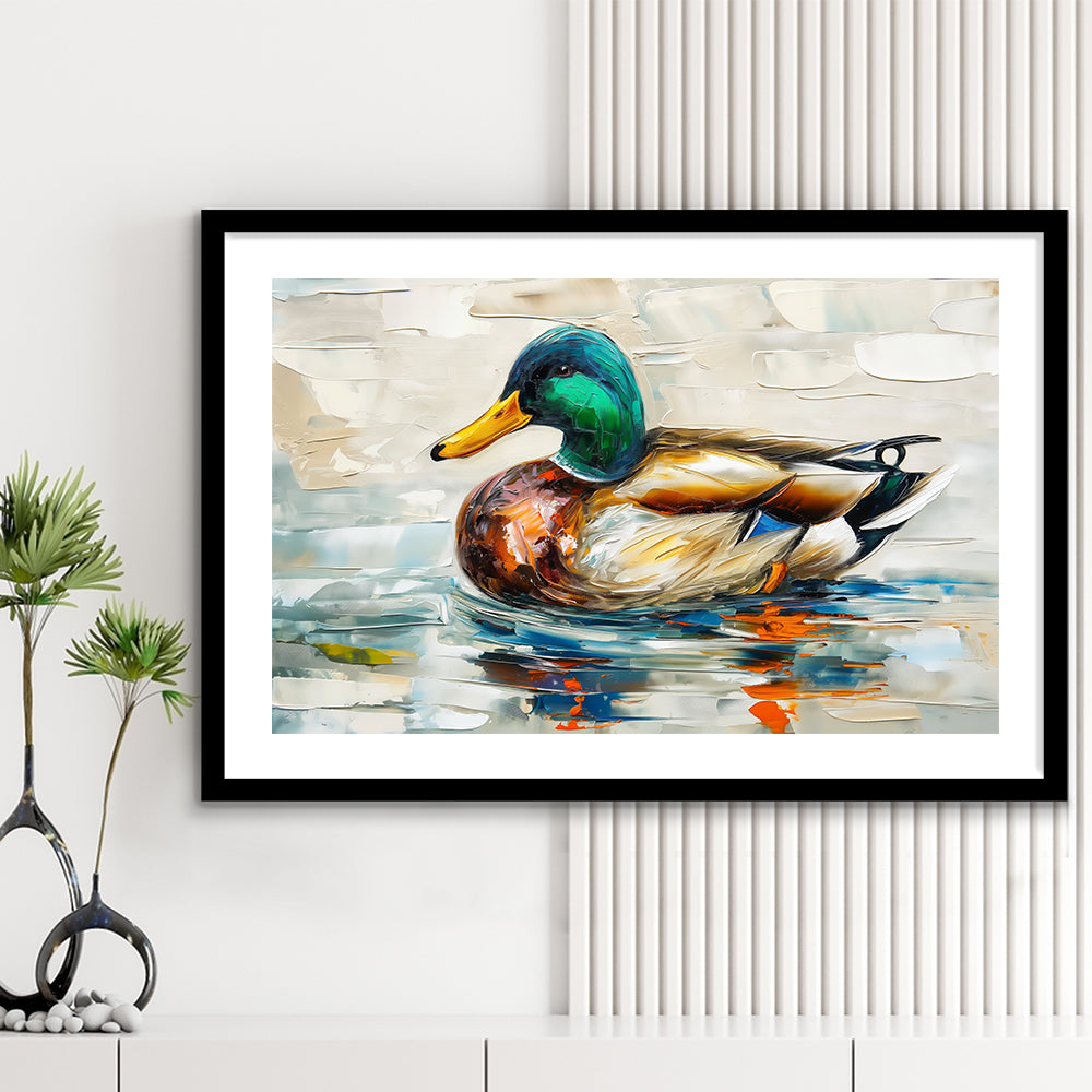Mallard Duck Painting On the Lake, Framed  Print, Painting Art, Framed Art Print White Border Wall Decor