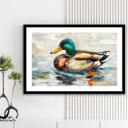 Mallard Duck Painting On the Lake, Framed  Print, Painting Art, Framed Art Print White Border Wall Decor