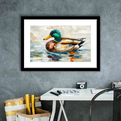 Mallard Duck Painting On the Lake, Framed  Print, Painting Art, Framed Art Print White Border Wall Decor