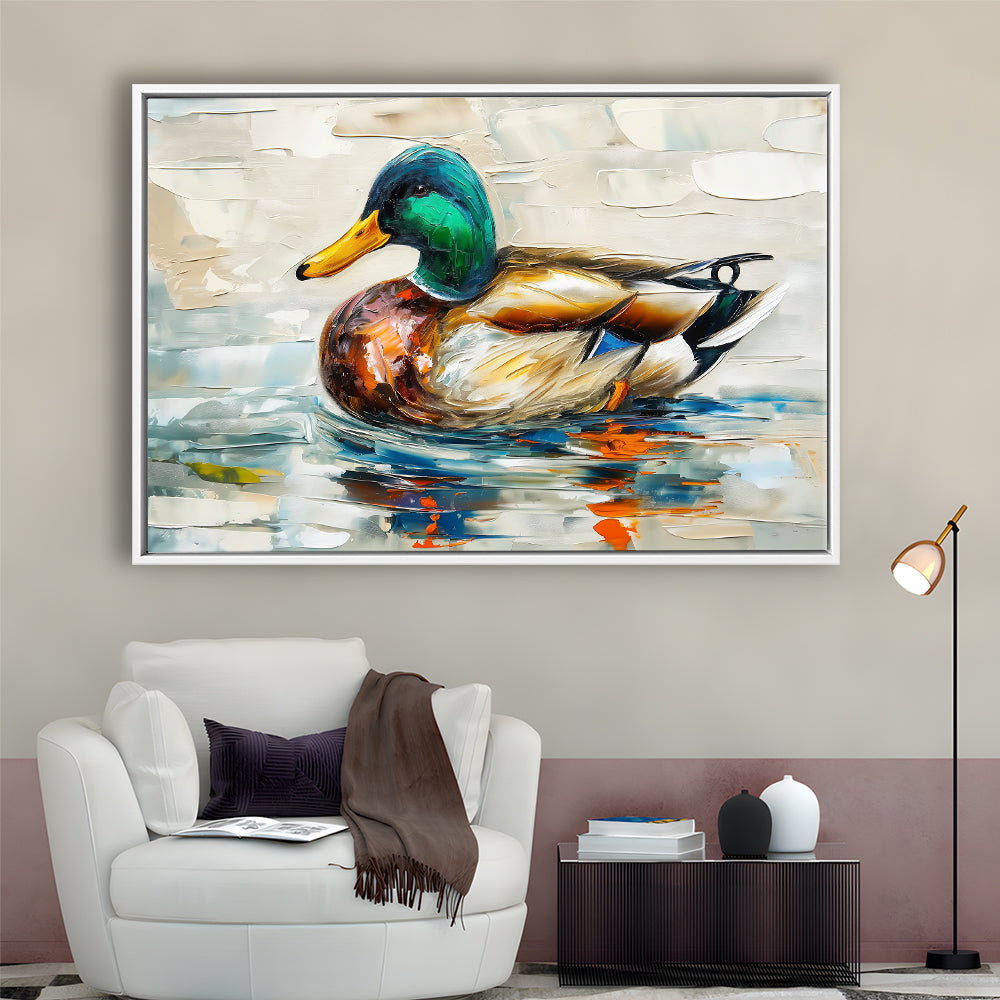 Mallard Duck Painting On the Lake, Framed Canvas Print, Painting Art, Floating Framed Canvas Print Wall Art