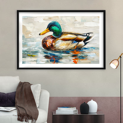 Mallard Duck Painting On the Lake, Framed  Print, Painting Art, Framed Art Print White Border Wall Decor