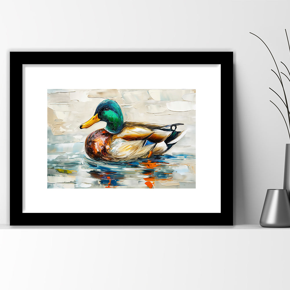 Mallard Duck Painting On the Lake, Framed  Print, Painting Art, Framed Art Print White Border Wall Decor