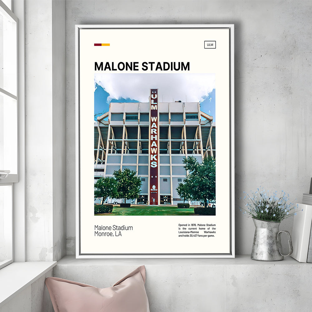Malone Stadium Print, Louisiana-Monroe Warhawks Stadium Canvas Art, Man Cave Gift, Floating Framed Canvas Print Wall Art
