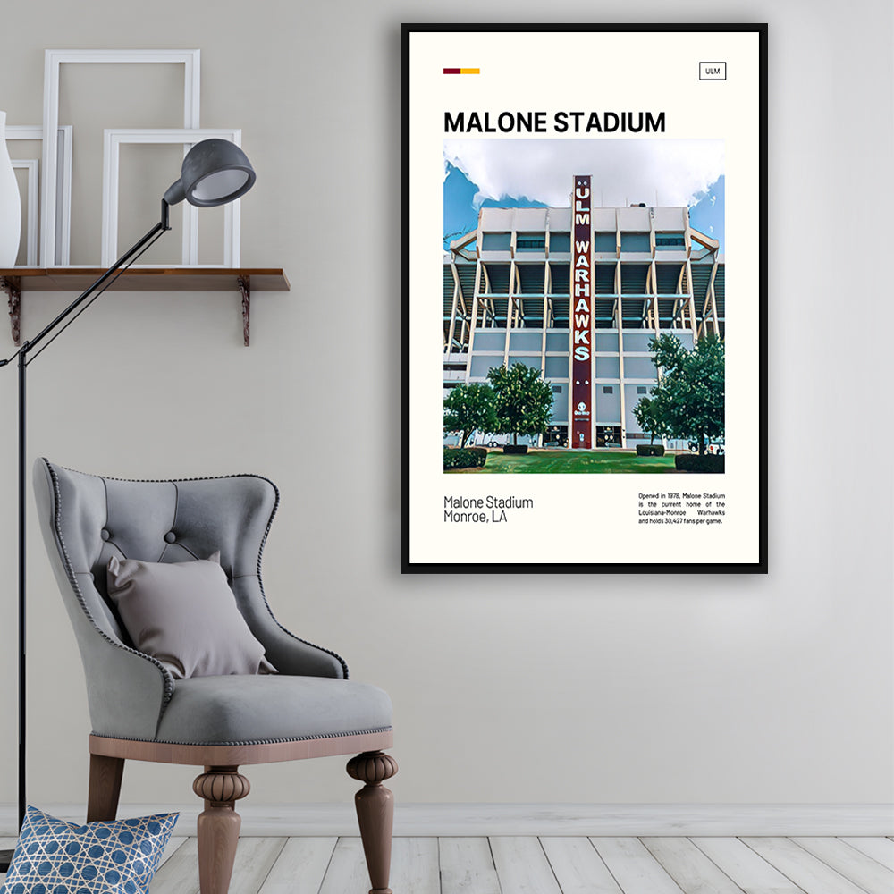 Malone Stadium Print, Louisiana-Monroe Warhawks Stadium Canvas Art, Man Cave Gift, Floating Framed Canvas Print Wall Art