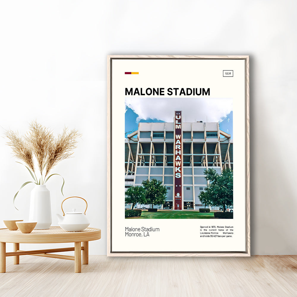 Malone Stadium Print, Louisiana-Monroe Warhawks Stadium Canvas Art, Man Cave Gift, Floating Framed Canvas Print Wall Art