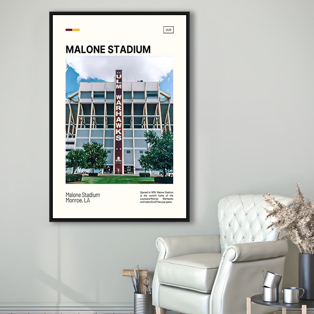 Malone Stadium Print, Louisiana-Monroe Warhawks Stadium Canvas Art, Man Cave Gift, Floating Framed Canvas Print Wall Art