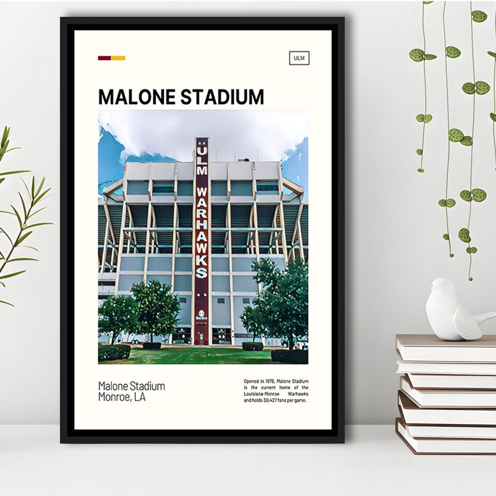 Malone Stadium Print, Louisiana-Monroe Warhawks Stadium Canvas Art, Man Cave Gift, Floating Framed Canvas Print Wall Art