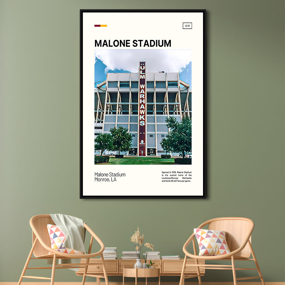 Malone Stadium Print, Louisiana-Monroe Warhawks Stadium Canvas Art, Man Cave Gift, Floating Framed Canvas Print Wall Art