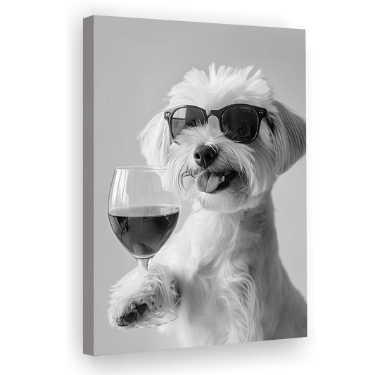 Maltese Holding Red Wine Canvas Print Wall Art, Black and White, Maltese Gift,, Bar Cart Print, Kitchen Wall Decor