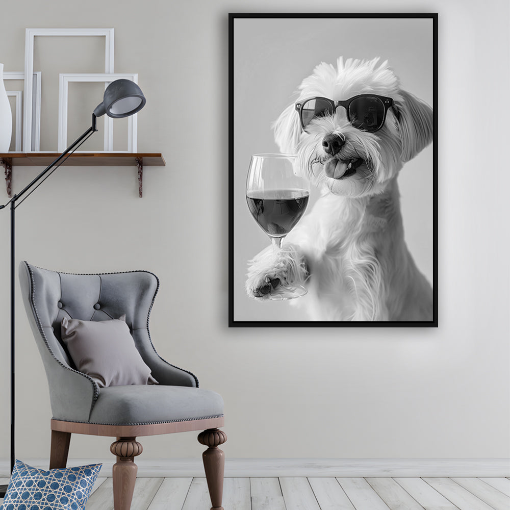 Maltese Holding Red Wine Framed Canvas Print Wall Art, Black and White, Maltese Gift, Bar Cart Print, Kitchen Wall Decor