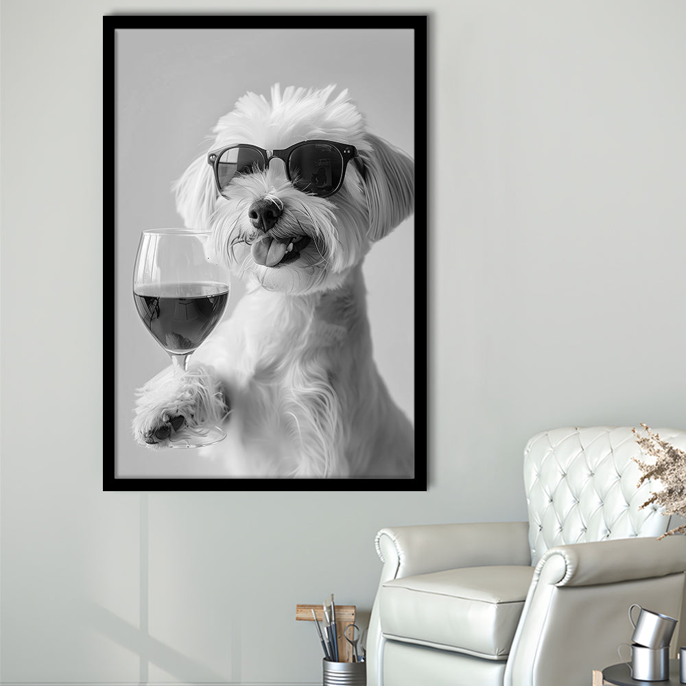 Maltese Holding Red Wine Framed Art Print Wall Decor, Black and White, Maltese Gift, Bar Cart Print, Kitchen Wall Decor