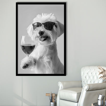 Maltese Holding Red Wine Framed Art Print Wall Decor, Black and White, Maltese Gift, Bar Cart Print, Kitchen Wall Decor