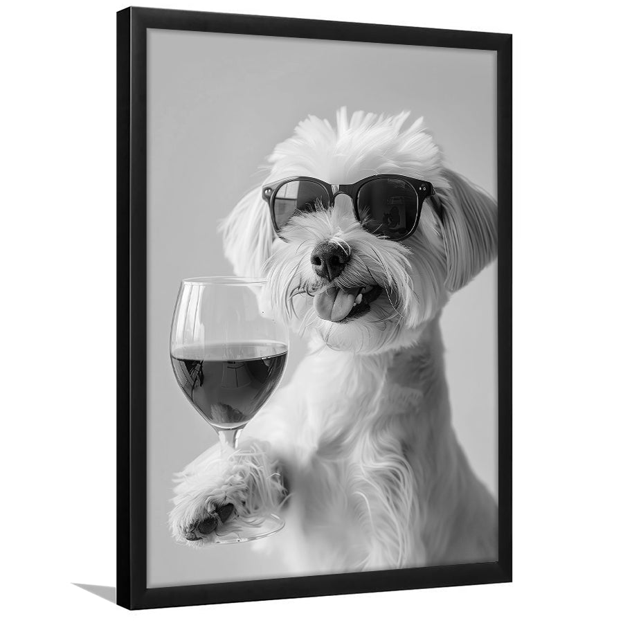 Maltese Holding Red Wine Framed Art Print Wall Decor, Black and White, Maltese Gift, Bar Cart Print, Kitchen Wall Decor