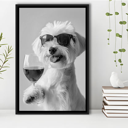 Maltese Holding Red Wine Framed Canvas Print Wall Art, Black and White, Maltese Gift, Bar Cart Print, Kitchen Wall Decor
