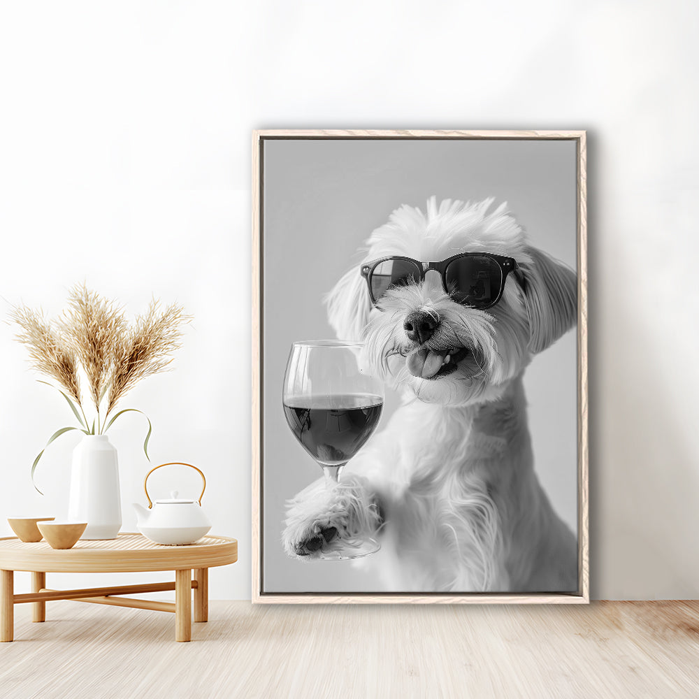 Maltese Holding Red Wine Framed Canvas Print Wall Art, Black and White, Maltese Gift, Bar Cart Print, Kitchen Wall Decor