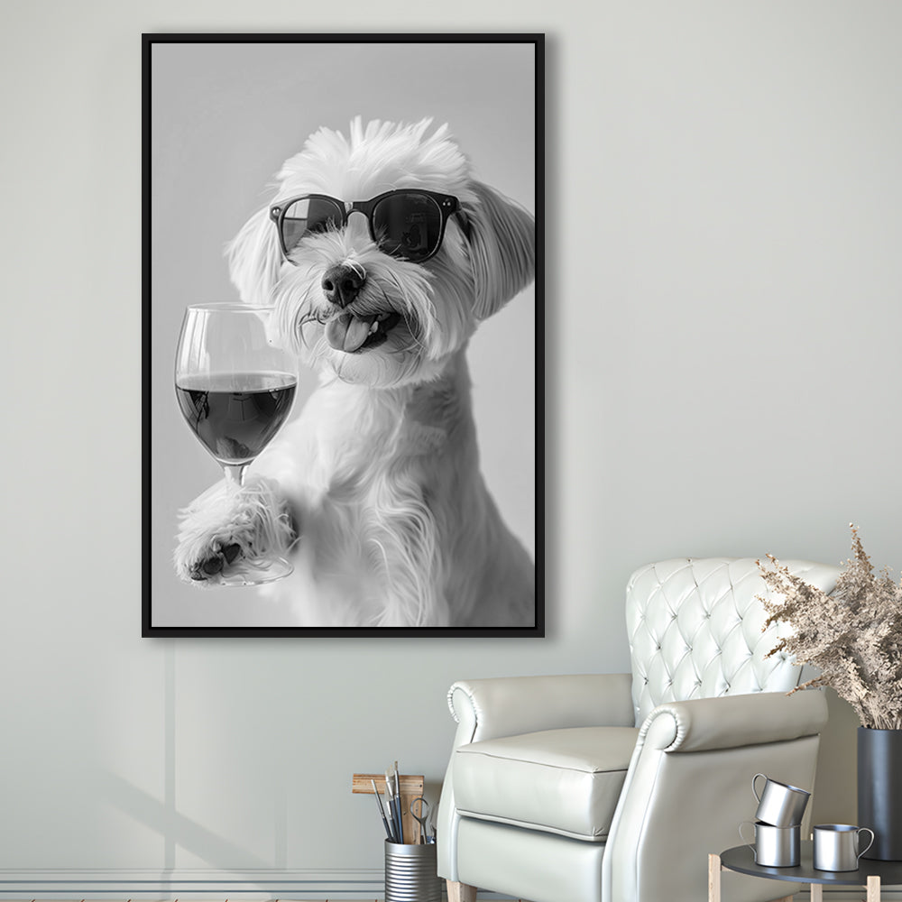 Maltese Holding Red Wine Framed Canvas Print Wall Art, Black and White, Maltese Gift, Bar Cart Print, Kitchen Wall Decor