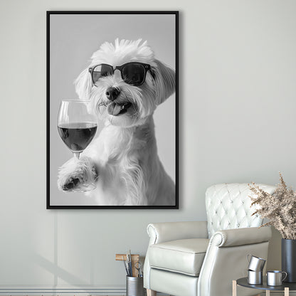 Maltese Holding Red Wine Framed Canvas Print Wall Art, Black and White, Maltese Gift, Bar Cart Print, Kitchen Wall Decor