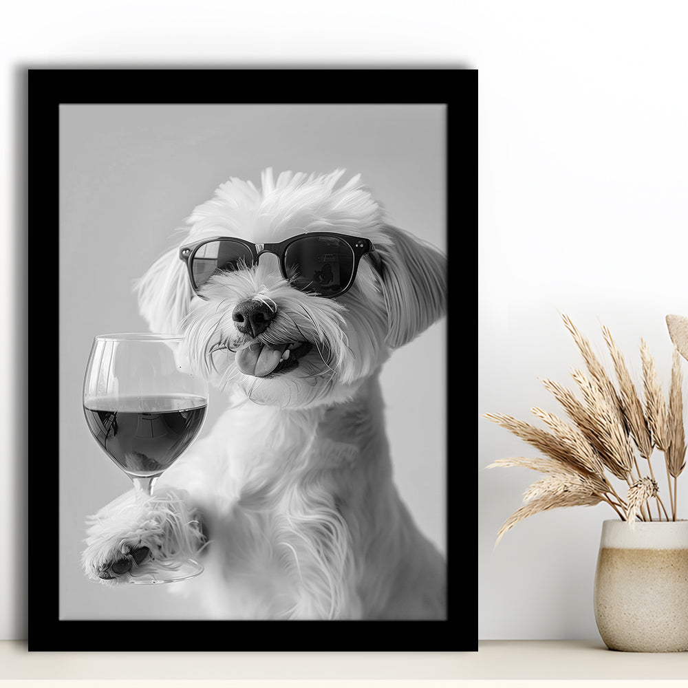 Maltese Holding Red Wine Framed Art Print Wall Decor, Black and White, Maltese Gift, Bar Cart Print, Kitchen Wall Decor