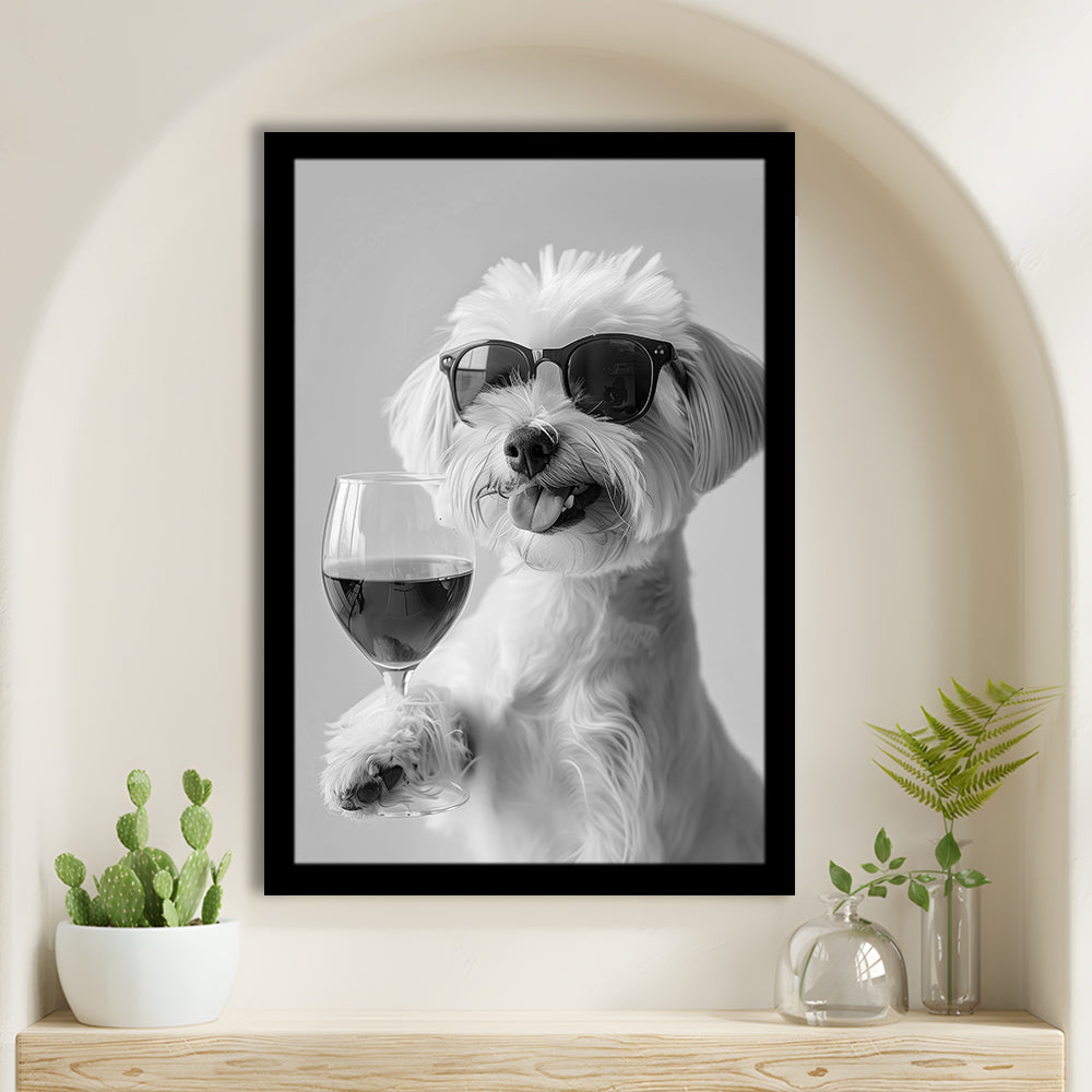 Maltese Holding Red Wine Framed Art Print Wall Decor, Black and White, Maltese Gift, Bar Cart Print, Kitchen Wall Decor