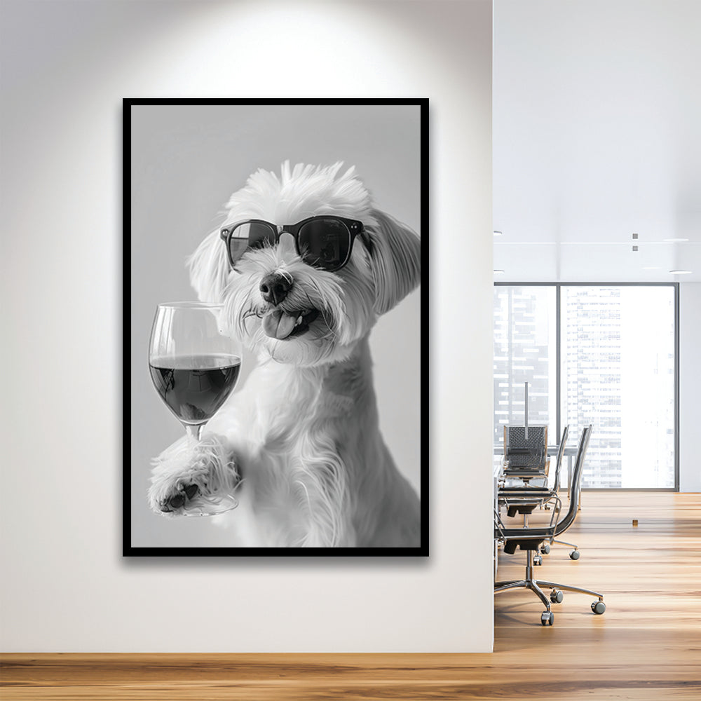 Maltese Holding Red Wine Framed Art Print Wall Decor, Black and White, Maltese Gift, Bar Cart Print, Kitchen Wall Decor