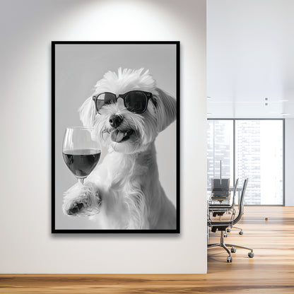 Maltese Holding Red Wine Framed Art Print Wall Decor, Black and White, Maltese Gift, Bar Cart Print, Kitchen Wall Decor