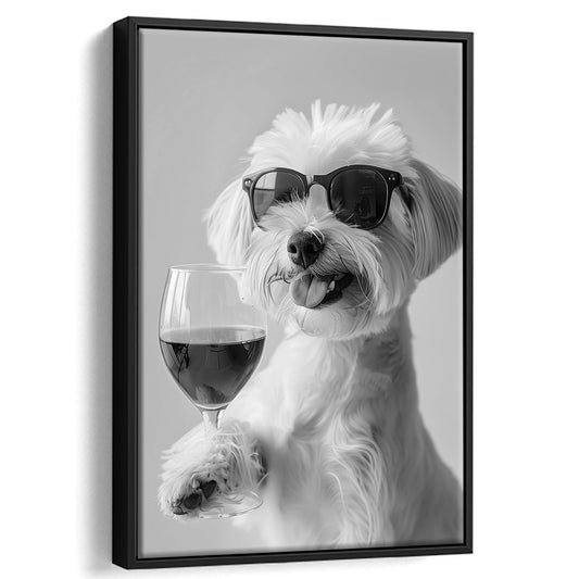Maltese Holding Red Wine Framed Canvas Print Wall Art, Black and White, Maltese Gift, Bar Cart Print, Kitchen Wall Decor