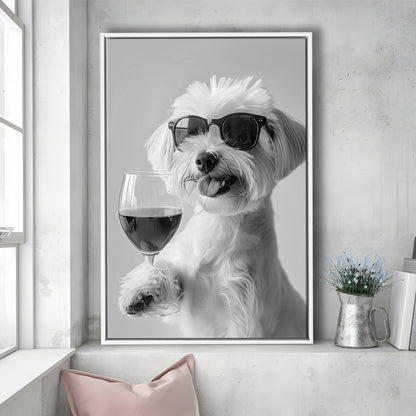 Maltese Holding Red Wine Framed Canvas Print Wall Art, Black and White, Maltese Gift, Bar Cart Print, Kitchen Wall Decor