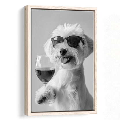 Maltese Holding Red Wine Framed Canvas Print Wall Art, Black and White, Maltese Gift, Bar Cart Print, Kitchen Wall Decor