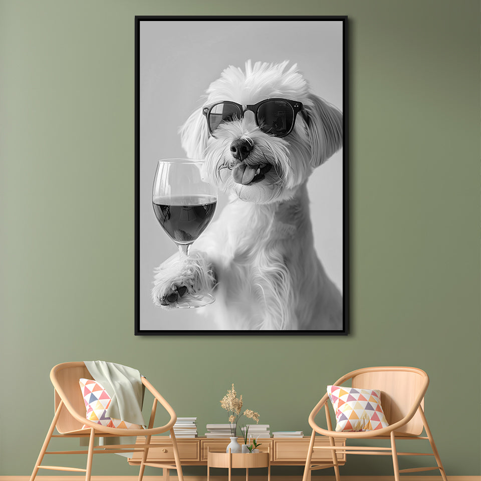 Maltese Holding Red Wine Framed Canvas Print Wall Art, Black and White, Maltese Gift, Bar Cart Print, Kitchen Wall Decor
