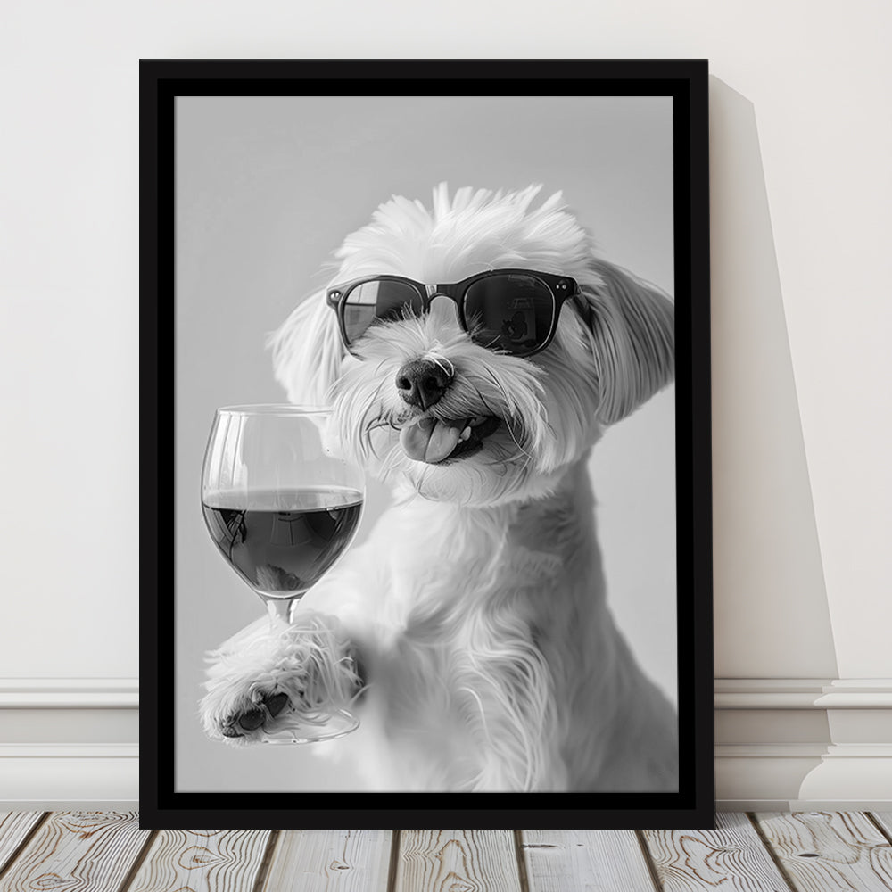 Maltese Holding Red Wine Framed Canvas Print Wall Art, Black and White, Maltese Gift, Bar Cart Print, Kitchen Wall Decor