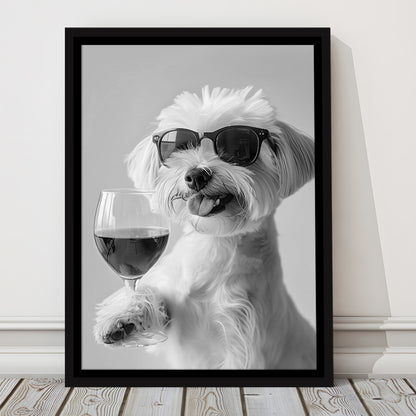 Maltese Holding Red Wine Framed Canvas Print Wall Art, Black and White, Maltese Gift, Bar Cart Print, Kitchen Wall Decor